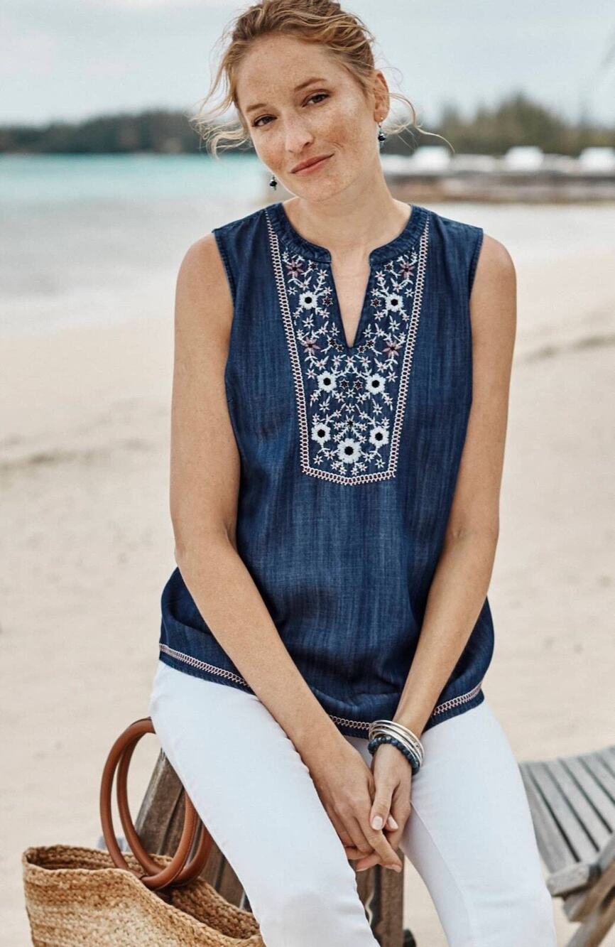 J Jill Embroidered Chambray Sleeveless Top Boho Blue Denim Tank Blouse Plus 2X